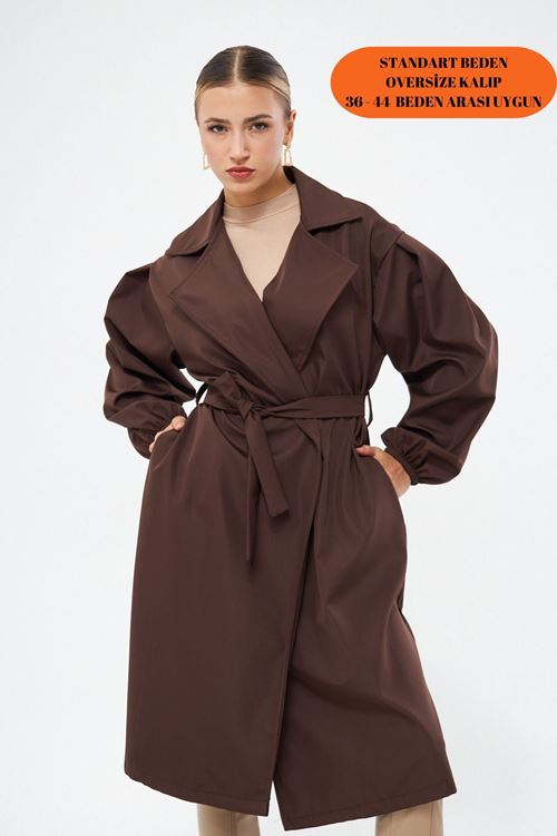 Kadın Kahve Belden Bağlamalı Balon Kol Trençkot
