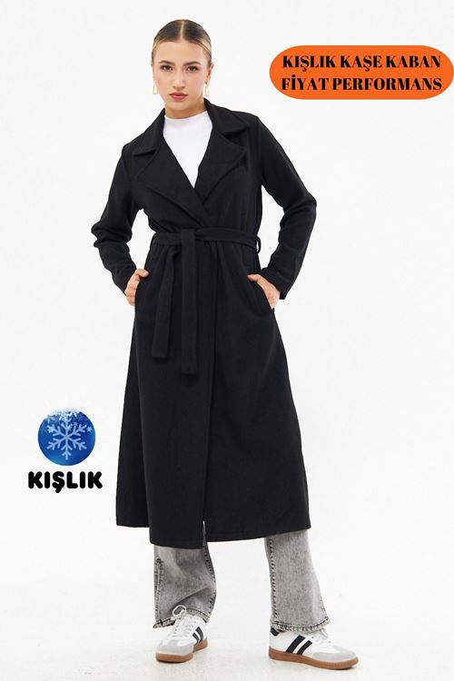 Kadın Siyah Kuşaklı Kışlık Kaşe Kaban Astarsız