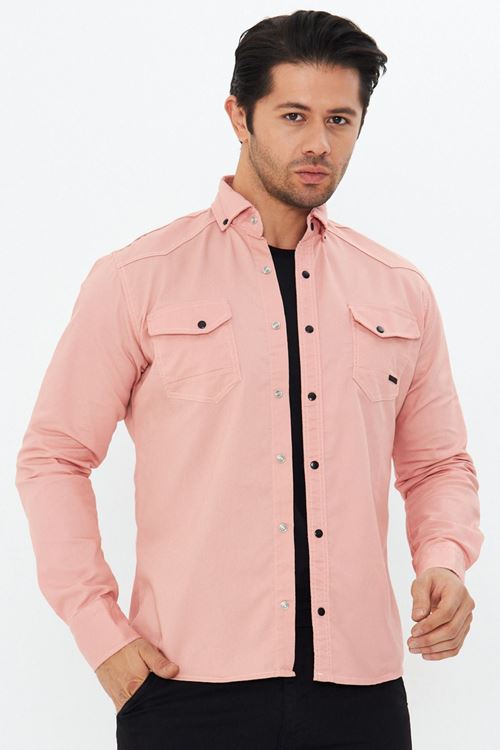 Erkek Pudra Slim Fit Dar Kalıp Çift Cepli Pamuklu Kot Gömlek