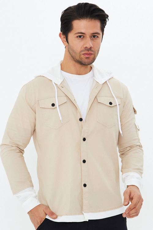 Erkek Slim Fit Dar Kalıp Penye Kapüşonlu Çift Cepli Pamuklu Kot Gömlek