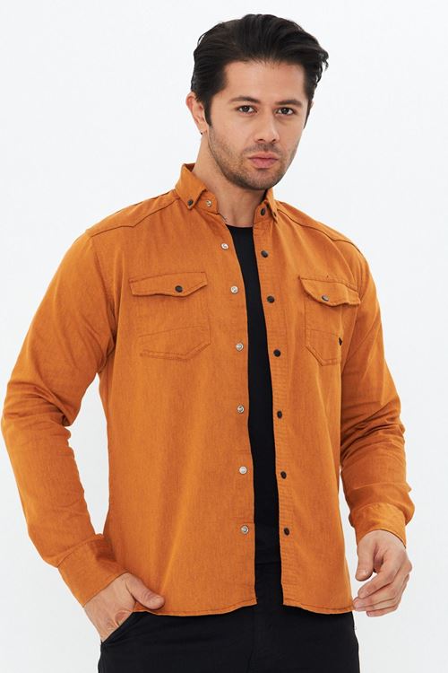 Erkek Hardal Slim Fit Dar Kalıp Çift Cepli Pamuklu Kot Gömlek