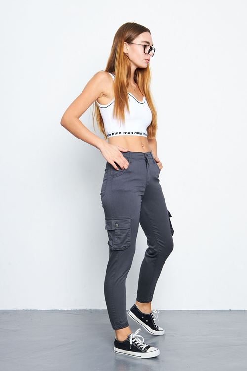 Kadın K.Gri Jogger Rahat Kalıp Paça Lastikli Kargo Cepli Gabardin Kadın Pantolon