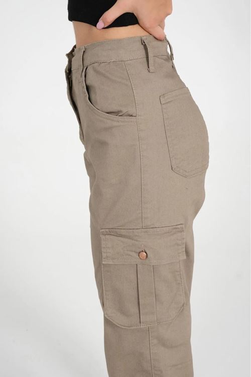 Kadın Bej Jogger Rahat Kalıp Paça Lastikli Kargo Cepli Gabardin Kadın Pantolon