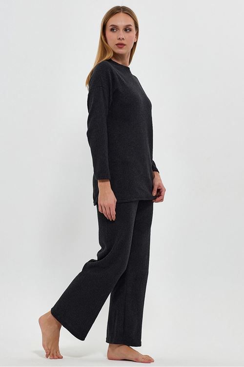 Kadın Antrasit Rahat Oversize Kalıp İnterlok Kalın Kışlık Fitilli Gündelik Ev Giyim Pijama Takımı