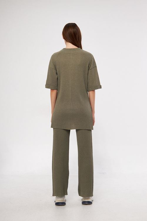 Kadın A.Haki Kısa Kollu Fitilli Likralı Raporlu & Eşofman, Gündelik Ev Giyim Pijama Takımı