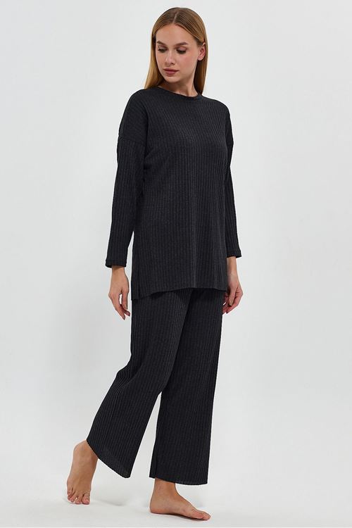 Kadın Antrasit Kadın Fitilli Raporlu & Eşofman, Gündelik Ev Giyim Pijama Takımı