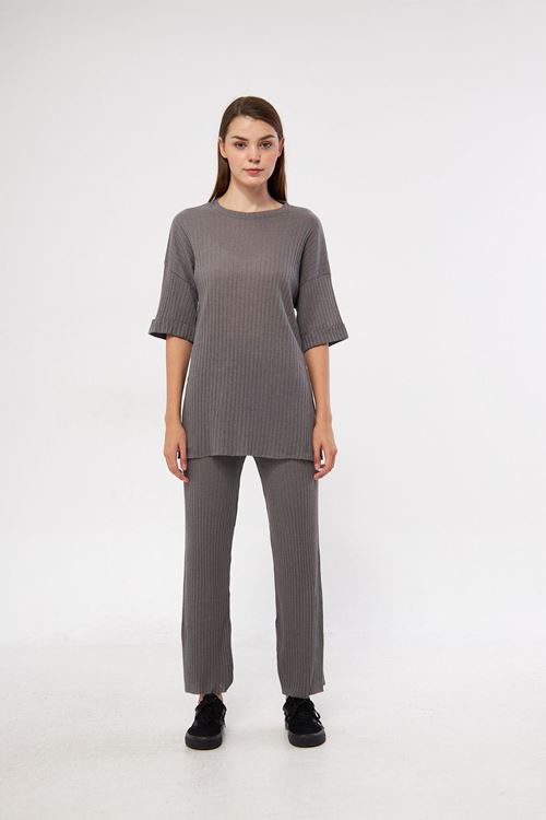 Kadın Füme Kısa Kollu Fitilli Likralı Raporlu & Eşofman, Gündelik Ev Giyim Pijama Takımı