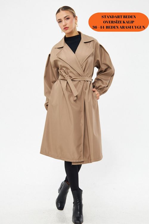 Kadın Vizon Belden Bağlamalı Balon Kol Trençkot