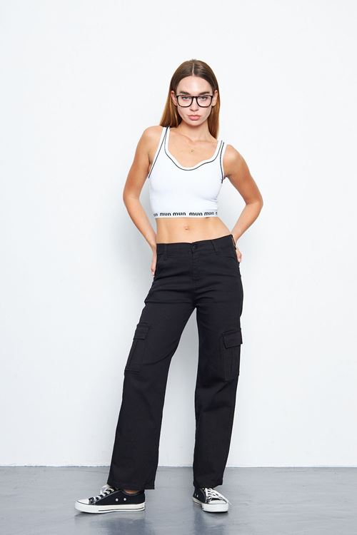 Kadın Siyah Kargo Cepli Yüksek Bel Wide Leg Pantolon