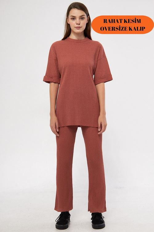 Kadın Tarçın Kısa Kollu Fitilli Likralı Raporlu & Eşofman, Gündelik Ev Giyim Pijama Takımı