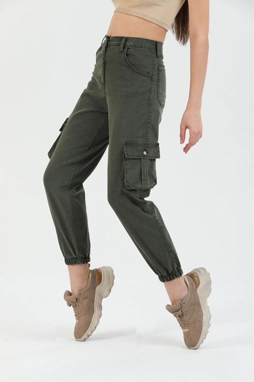 Kadın Haki Jogger Rahat Kalıp Paça Lastikli Kargo Cepli Gabardin Kadın Pantolon