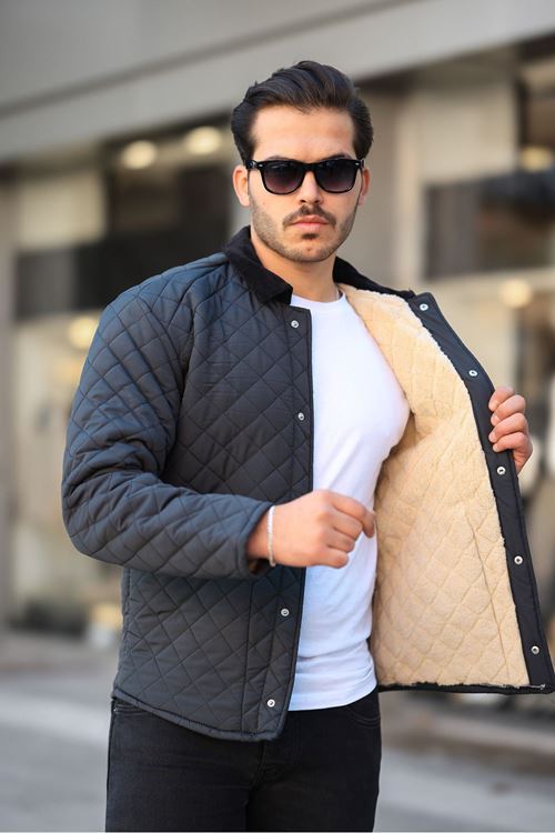 Erkek Antrasit Kapitone İçi Kürklü Çıt Çıt Kapamalı Kadife Yakalı Ceket