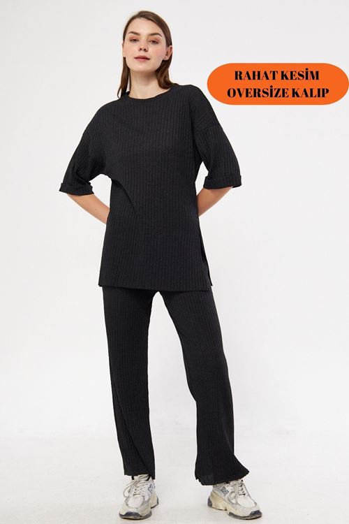 Kadın Antrasit Kısa Kollu Fitilli Likralı Raporlu & Eşofman, Gündelik Ev Giyim Pijama Takımı