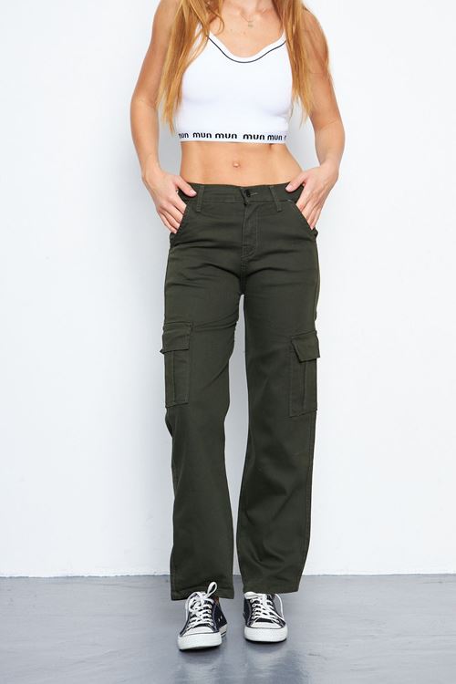 Kadın Haki Kargo Cepli Yüksek Bel Wide Leg Pantolon