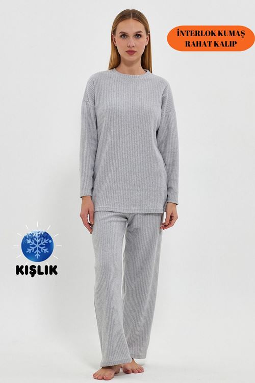 Kadın A.Gri Rahat Oversize Kalıp İnterlok Kalın Kışlık Kumaş Fitilli Gündelik Ev Giyim Pijama Takımı