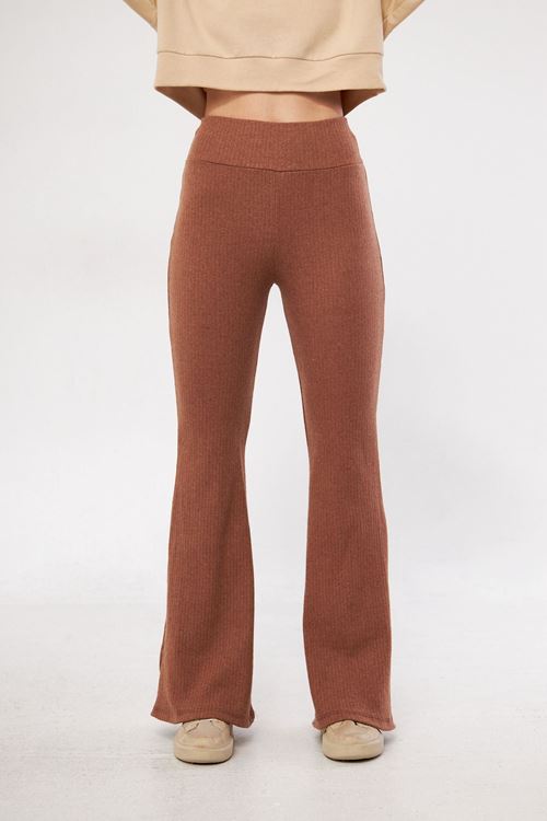 Kadın Tarçın Yüksek Bel Fitilli İspanyol Paça Bel Toparlayıcı Lastikli İnterlok Kışlık Tayt