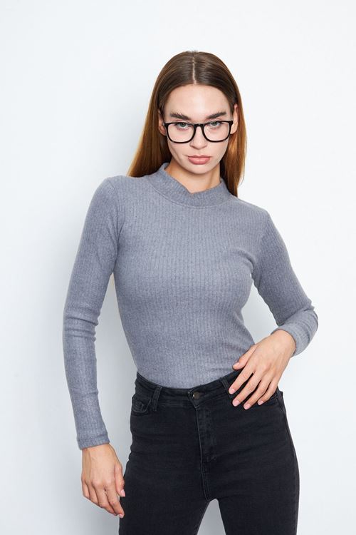 Kadın Füme Yarım Balıkçı Yaka İnterlok Uzun Kollu Slim Bluz