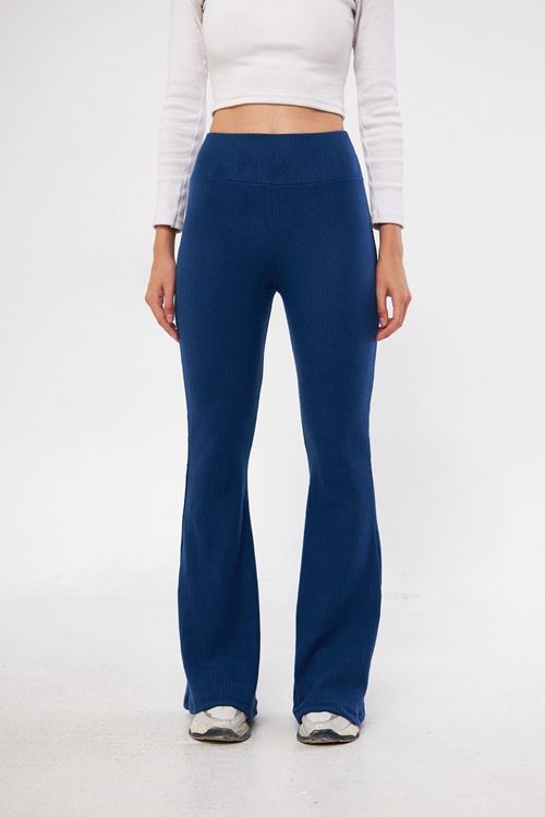 Kadın Lacivert Yüksek Bel Fitilli İspanyol Paça Bel Toparlayıcı Lastikli İnterlok Kışlık Tayt