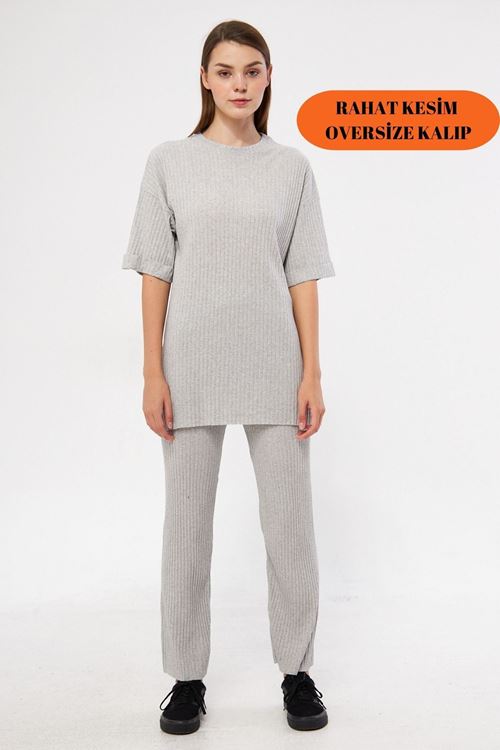 Kadın A.Gri Kısa Kollu Fitilli Likralı Raporlu & Eşofman, Gündelik Ev Giyim Pijama Takımı