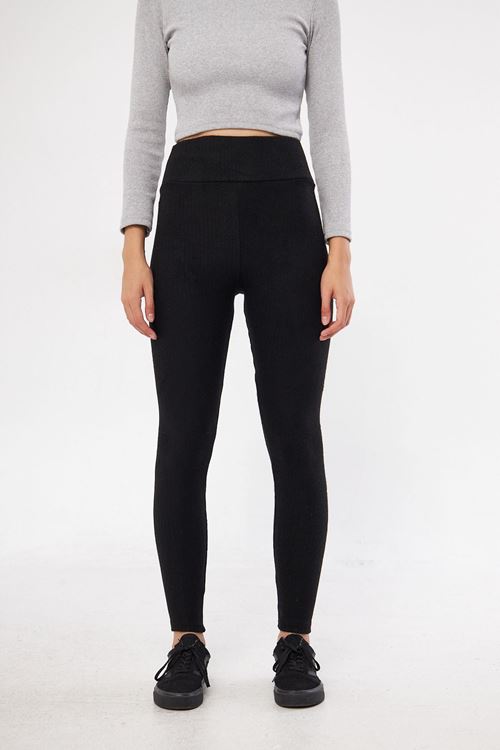 Kadın Siyah Yüksek Bel Fitilli Slim Bel Toparlayıcı Lastikli Interlok Kışlık Tayt