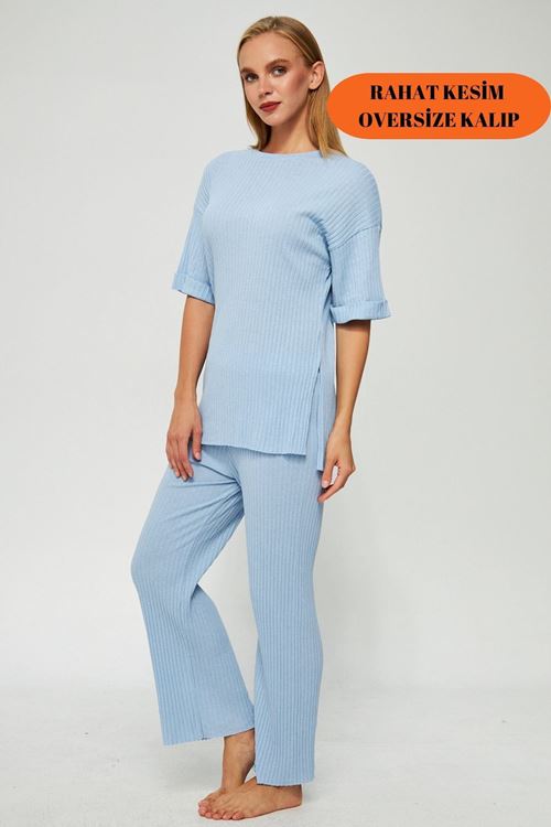 Kadın A.Mavi Kısa Kollu Fitilli Likralı Raporlu & Eşofman, Gündelik Ev Giyim Pijama Takımı