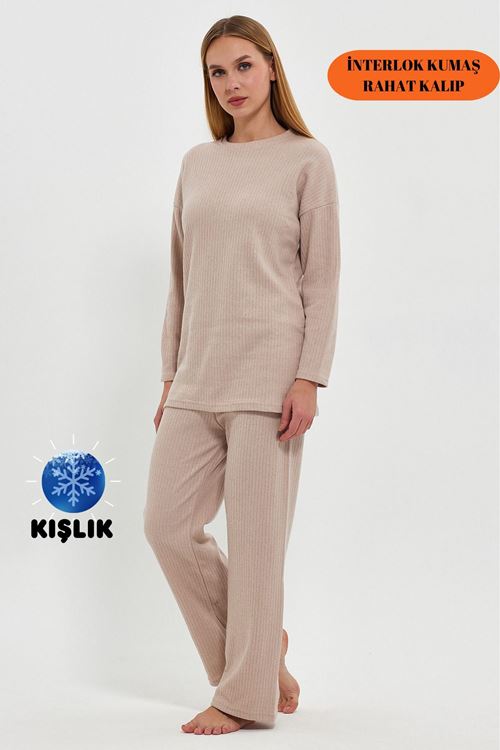 Kadın Krem Rahat Oversize Kalıp İnterlok Kalın Kışlık Kumaş Fitilli Gündelik Ev Giyim Pijama Takımı