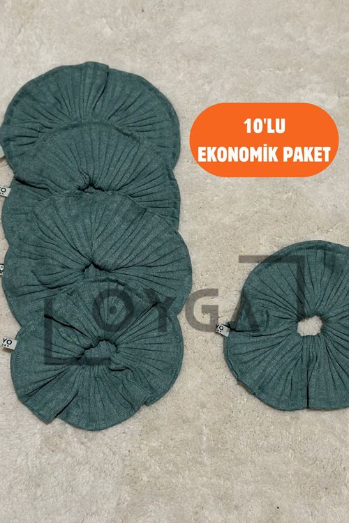 OYGA 10’lu Su Yeşili Fitilli Ribana Saç Tokası Seti – Yumuşak Doku, Dış Dikiş Detaylı Scrunchie