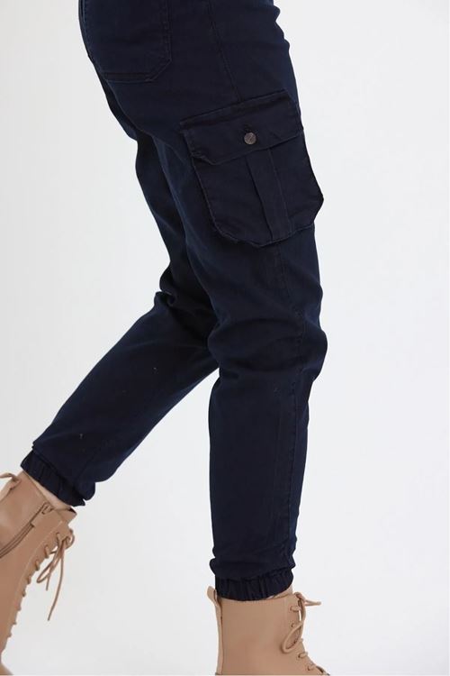 Kadın Lacivert Jogger Rahat Kalıp Paça Lastikli Kargo Cepli Gabardin Kadın Pantolon