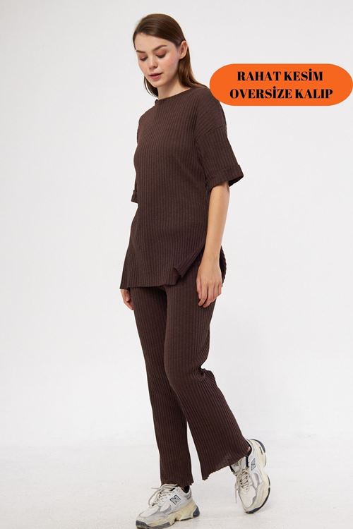 Kadın Kahve Kısa Kollu Fitilli Likralı Raporlu & Eşofman, Gündelik Ev Giyim Pijama Takımı