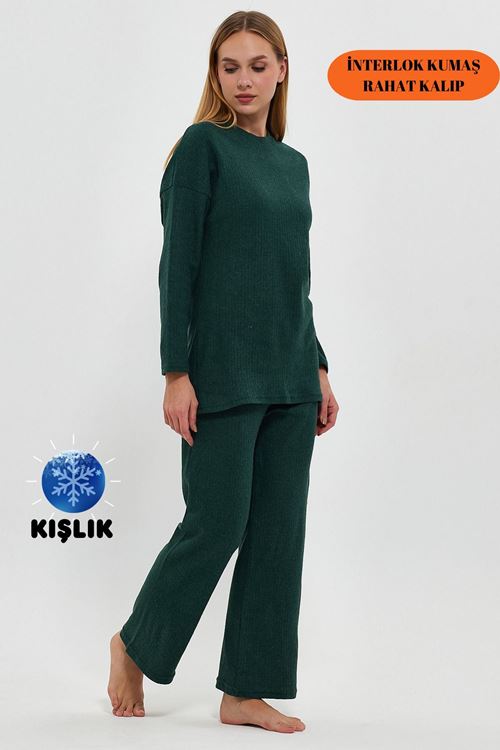 Kadın Zümrüt Rahat Oversize Kalıp İnterlok Kalın Kışlık Fitilli Gündelik Ev Giyim Pijama Takımı