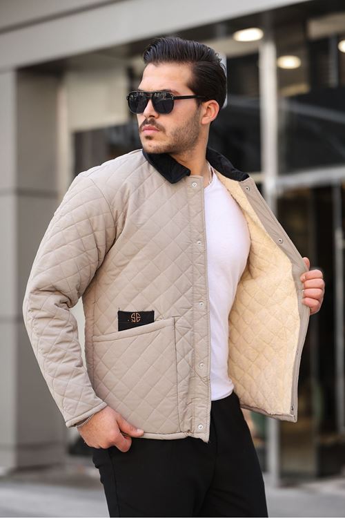 Erkek Bej Kapitone İçi Kürklü Çıt Çıt Kapamalı Kadife Yakalı Ceket