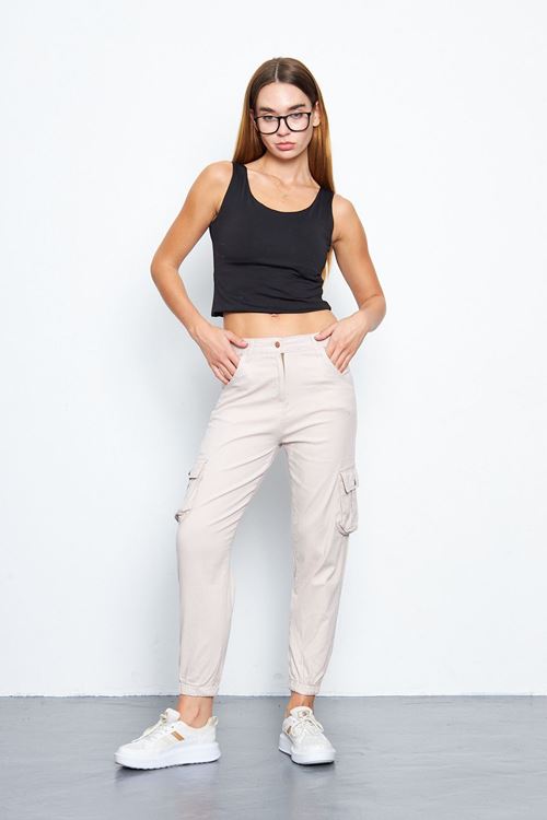 Kadın Taş Jogger Rahat Kalıp Paça Lastikli Kargo Cepli Gabardin Kadın Pantolon