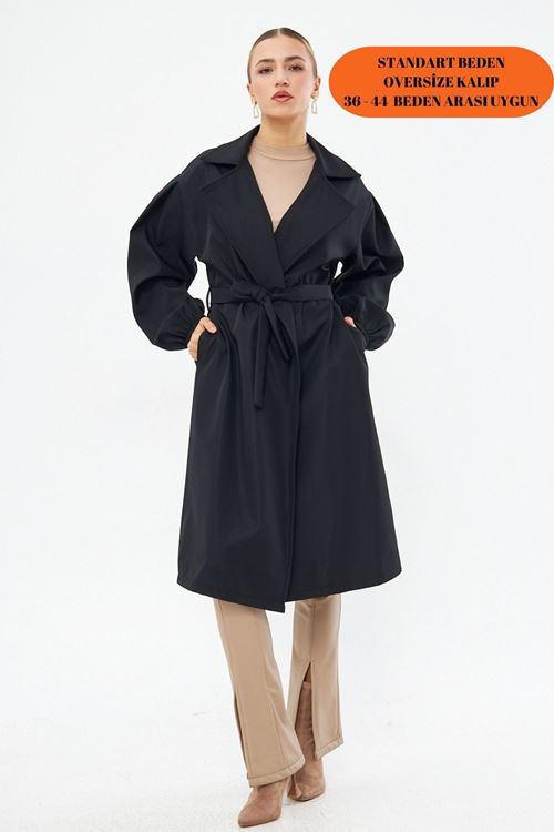 Kadın Siyah Belden Bağlamalı Balon Kol Trençkot