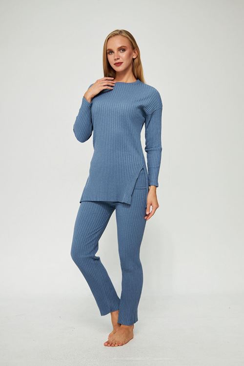 Kadın İndigo Kadın Fitilli Raporlu & Eşofman, Gündelik Ev Giyim Pijama Takımı