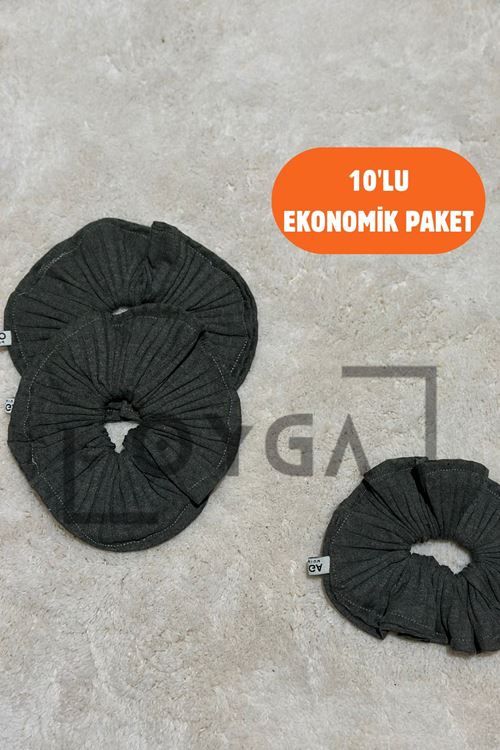 OYGA 10’lu Haki Fitilli Ribana Saç Tokası Seti – Yumuşak Doku, Dış Dikiş Detaylı Scrunchie