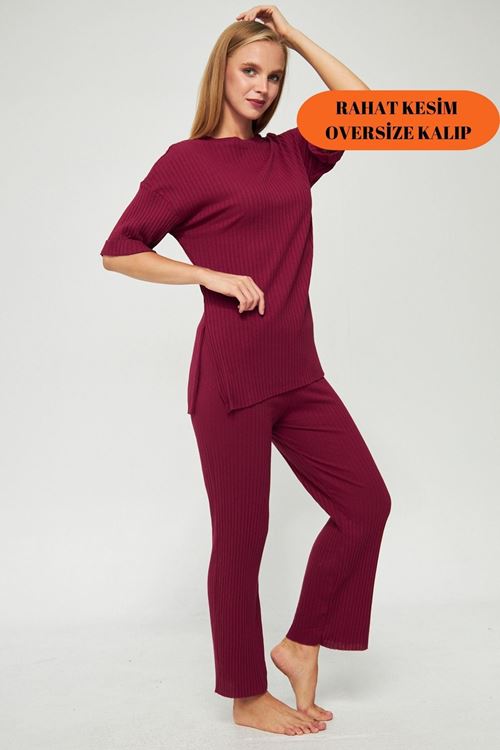 Kadın Bordo Kısa Kollu Fitilli Likralı Raporlu & Eşofman, Gündelik Ev Giyim Pijama Takımı