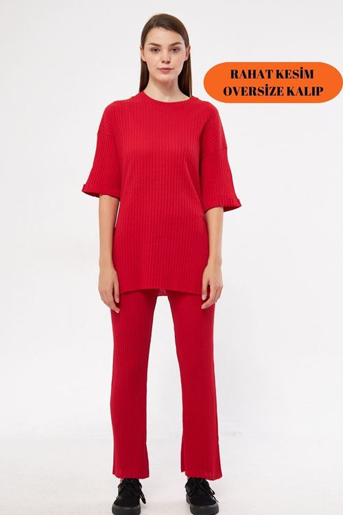 Kadın Kırmızı Kısa Kollu Fitilli Likralı Raporlu & Eşofman, Gündelik Ev Giyim Pijama Takımı