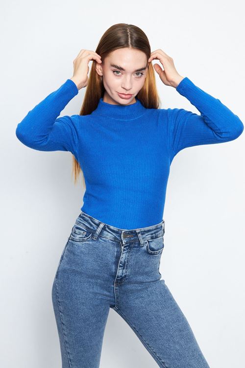 Kadın Sax Yarım Balıkçı Yaka İnterlok Uzun Kollu Slim Bluz