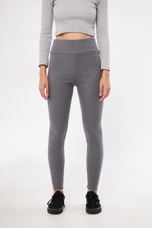 Kadın Füme Yüksek Bel Fitilli Slim Bel Toparlayıcı Lastikli Interlok Kışlık Tayt