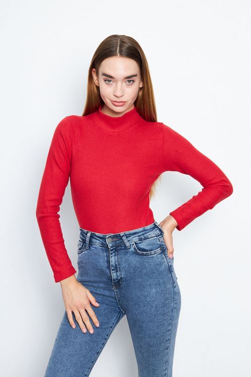 Kadın Kırmızı Yarım Balıkçı Yaka İnterlok Uzun Kollu Slim Bluz