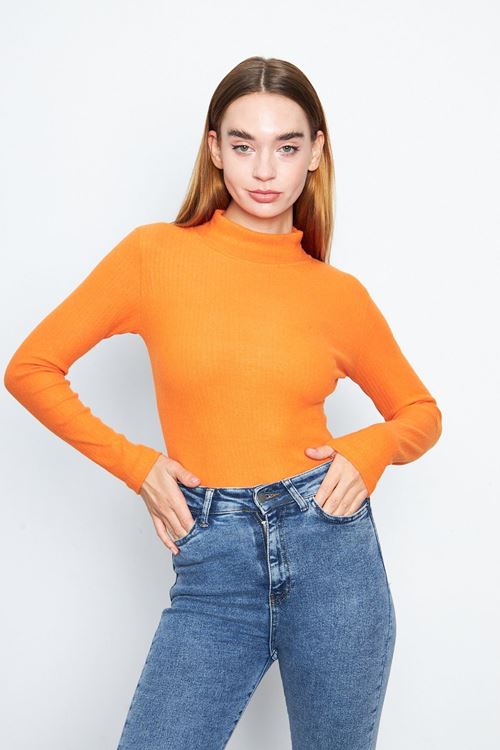 Kadın Turuncu Yarım Balıkçı Yaka İnterlok Uzun Kollu Slim Bluz