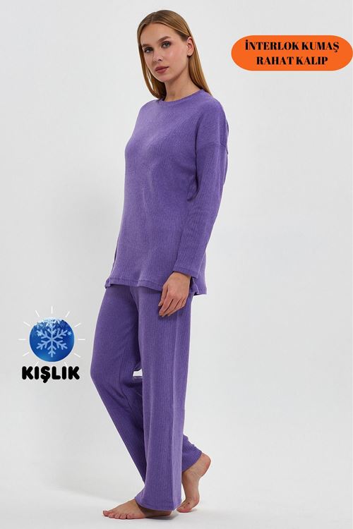 Kadın Mor Rahat Oversize Kalıp İnterlok Kalın Kışlık Kumaş Fitilli Gündelik Ev Giyim Pijama Takımı
