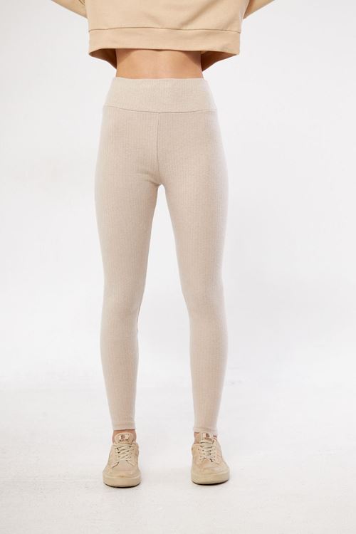 Kadın Krem Yüksek Bel Fitilli Slim Bel Toparlayıcı Lastikli Interlok Kışlık Tayt