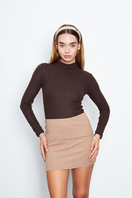 Kadın Kahve Yarım Balıkçı Yaka İnterlok Uzun Kollu Slim Bluz