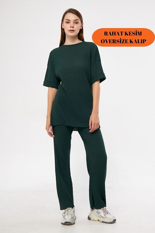 Kadın Zümrüt Kısa Kollu Fitilli Likralı Raporlu & Eşofman, Gündelik Ev Giyim Pijama Takımı