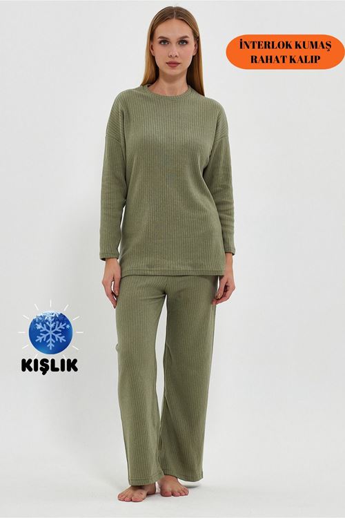 Kadın A.Haki Rahat Oversize Kalıp İnterlok Kalın Kışlık Fitilli Gündelik Ev Giyim Pijama Takımı
