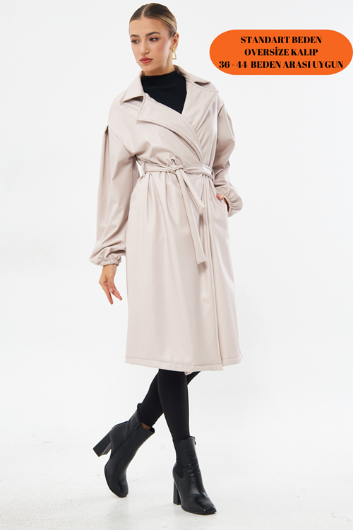 Kadın Taş Bel Bağlamalı Kol Büzgülü Deri Trençkot