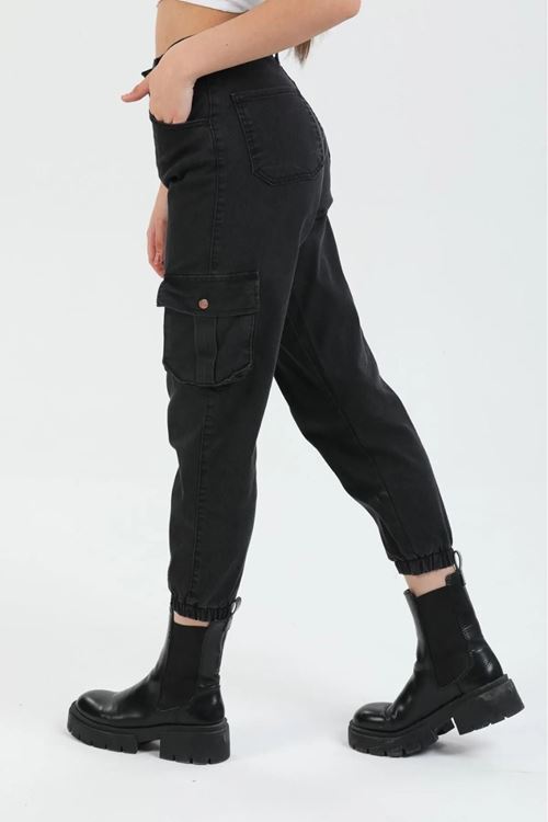 Kadın Antrasit Jogger Rahat Kalıp Paça Lastikli Kargo Cepli Gabardin Kadın Pantolon