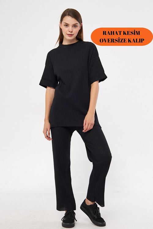 Kadın Siyah Kısa Kollu Fitilli Likralı Raporlu & Eşofman, Gündelik Ev Giyim Pijama Takımı