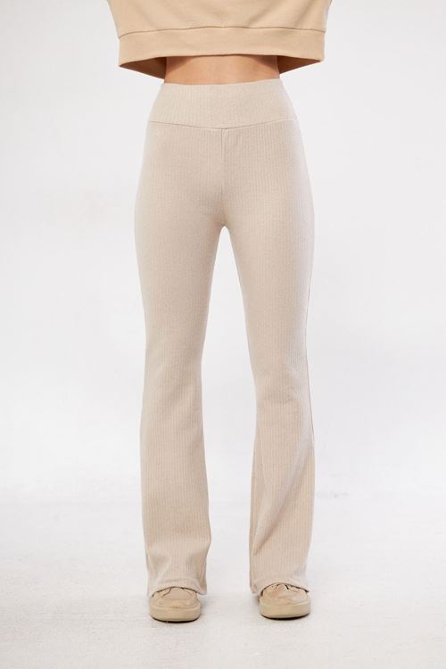 Kadın Krem Yüksek Bel Fitilli İspanyol Paça Bel Toparlayıcı Lastikli İnterlok Kışlık Tayt